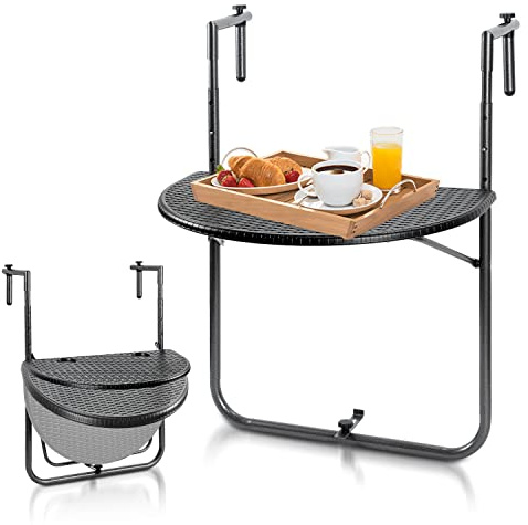 Gimisgu Balkonghängande bord fällbart balkongbord för upphängning balkong hängande bord 3-vägs höjdjusterbart väderbeständigt fällbart bord B x D: 62 x 40 cm för balkong räcke svart rottingutseende
