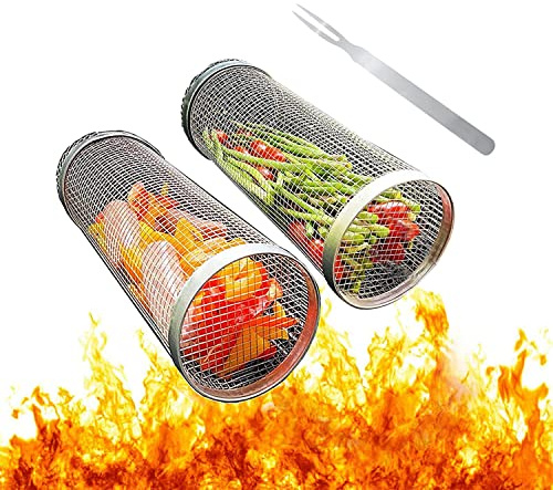 2 Stück Rolling Grillkorb mit Gabel ， Edelstahl Grillkorb Grill Korb mit Griff,Grillkorb Grill Rack für Außengrill Gemüse, BBQ Grillhalter Grill Korb für Pommes,Fisch,Garnelen,Camping Essentials