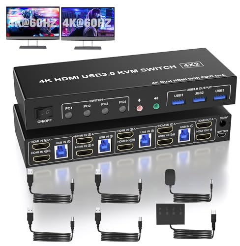 USB 3.0 HDMI KVM Switch 4 PC 2 Monitore, 4K@60Hz KVM Switches für 4 Computer Teilen Sich Dual Monitore und Audio Mikrofon Ausgang, KVM Switcher mit 3 USB Anschlüsse für Tastatur Maus, Unterstützt EDID