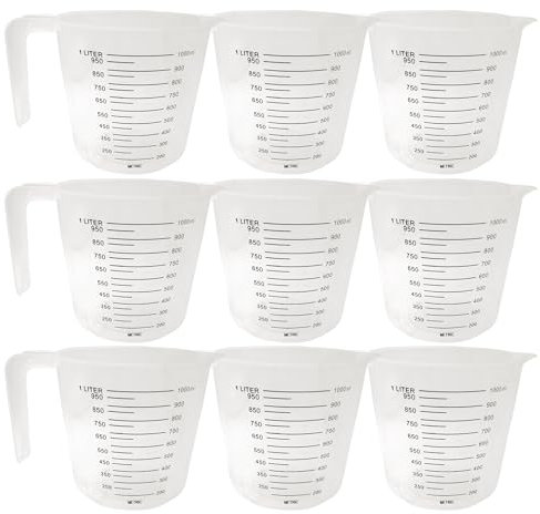 SOL 9pk Plastic Measuring Jugs - Transparent Jug Measuring Scale & Easy-Pour Spout – 1 Litre Capacity – Durable, Lightweight Kitchen Tool for Baking, Cooking & Liquid Measurement