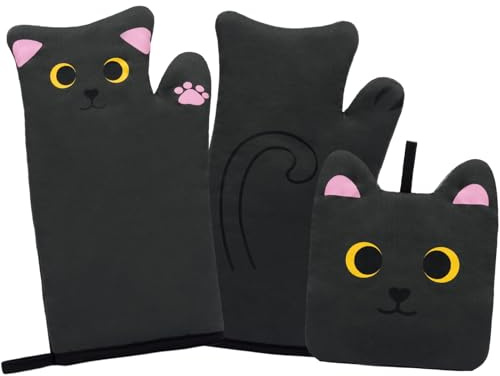 NIGOWAYS Oven Mitts,Cute Cat Design Cooking Glove,Quilted Cotton Lining,Heat Resistant Oven Mitts And Pot Holders Sets For Baking,Microwave,Cute Mitts Gift For Mom,Housewarming(Black)
