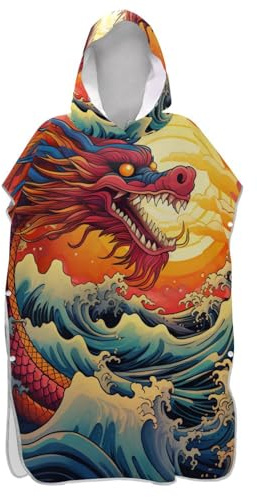 Mnsruu Poncho de surf, serviette de plage à capuche, motif dragon chinois dans les vagues, serviette de bain pour femme et homme, plage, piscine, parc aquatique