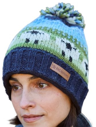 Pachamama Women Wool Beanie Bobble Hat Fleece Lined Roll Back Handknitted Cute Sheep Design Blue Green One-Size Handmade Extra Warm Fair Trade