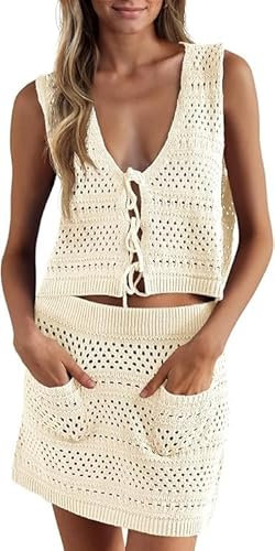 Saodimallsu Damen Bikini Cover Up Set 2 Teilig Badeanzug Häkeln Ärmellose Crop Top Strickrock Häkelkleid Strand Bademode Gestrickte Strandkleid Beach Crochet Cover Ups Beige M