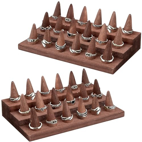 Xaztr 2 Pack Wooden Ring Display Stand, Wood Ring Holder Wooden Ring Organizer 3 Tier Ring Display for Jewelry Counter Showcase Storage Selling(18 Rings)
