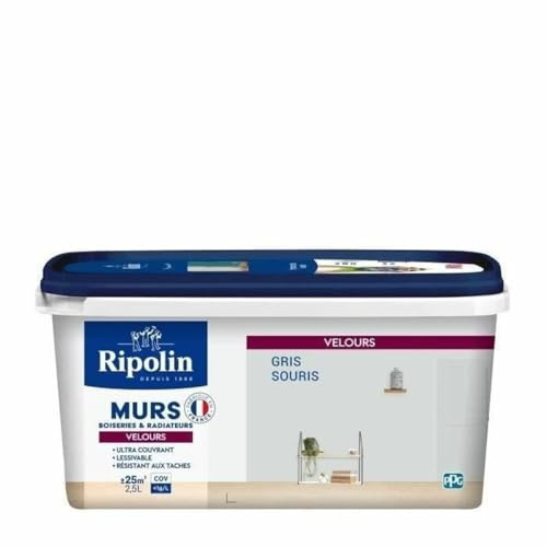 RIPOLIN - Peinture Intérieure Multi-Supports – Murs, Boiseries & Radiateurs – Ultra couvrante - Monocouche - Confort d'application - Aspect Velours - Gris Souris - 2,5L