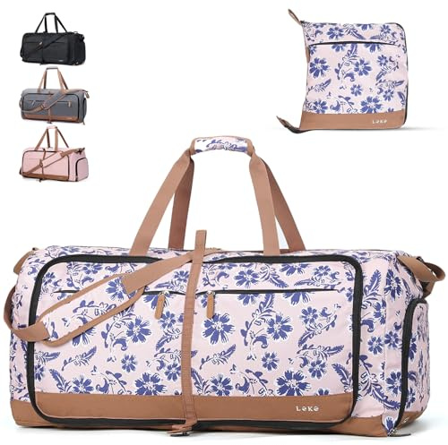 Lekesky Sac de voyage pliable pour femme avec compartiment à chaussures, sac de sport étanche, sac de sport, sac d'hôpital, Imprimé floral rose et bleu, (80L) DE