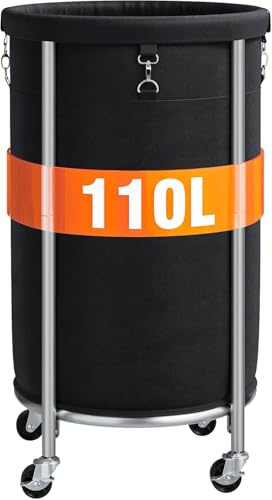 ELYKEN Large Laundry Basket on Wheels Round Laundry Trolley 110L Black