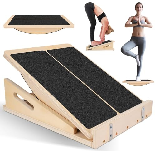 2 In 1 Wooden Slant Board Calf Stretcher & Balance, 5 Angles Adjustable Slant Board, Non-Slip, 200 lbs Capacity, Portable Calf Stretch Board for Knees Ankle Heel Feet Leg
