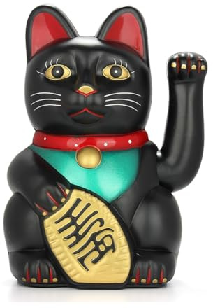 Leopacat Maneki Neko Lucky Cat - Battery Operated Waving Arm Feng Shui Fortune Figurine | Desk Decor | Japanese Beckoning Cat for Wealth Prosperity | Home Office Shop Gift (Black)