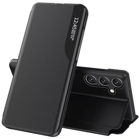 EASSGU läderfodral för Samsung Galaxy A17 5G/A17 (4G LTE) (6,7 tum) sidofönster fliphållare PU-läder mobilskal, reptålig, stötsäkert skyddande fodral – svart