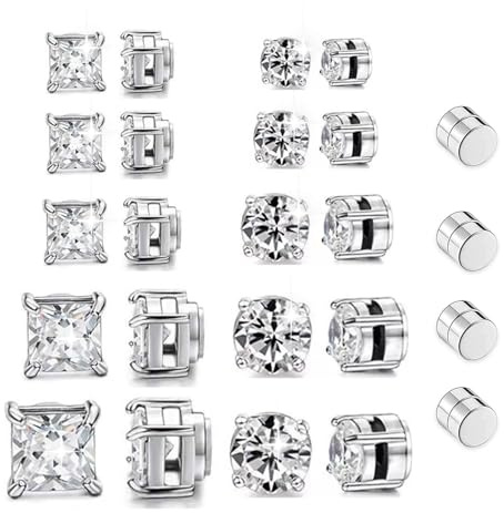 12 Paar Magnet Ohrringe Herren Damen Magnetische Ohrringe Herren Magnetohrringe Magnetic Earrings for Men Magnetisches Design, für Männer und Frauen Geeignet, Rund/Quadratisch, 4–8 mm