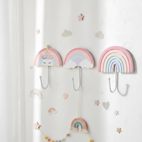 AceOrbit 3 Pcs Rainbow Wall Hooks Unicorn Coat Rack for Girl Room