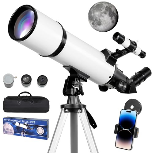 Whemyreat telescopio astronomia 80 mm apertura 60 omm lunghezza focale per bambini e adulti principianti con treppiede e supporto per cellulare, telescopio portatile per osservazione della terra e