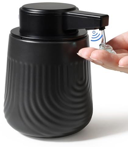 BosilunLife Ceramic Automatic Soap Dispenser with Extended Pump Nozzle, 3 Adjustable Levels, Touchless Lotion Hand Wash Liquid Soap Dispenser for Bathroom & Kitchen, Embossed Wave Design, Black, 10oz