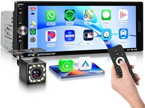Rimoody 1 Din bilradio med trådlös CarPlay och Android Auto, 1 Din bilstereo med 6,9 IPS pekskärm handsfree Bluetooth FM EQ typ-C USB rattstyrning backkamera mikrofon