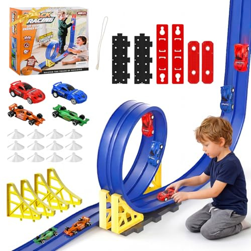 Ecofocet 5 m Pista de Coches Flexible,Pista de Coches para niños,Circuito de Carreras para niños,Flexible y Enrollable,Incluye 4 Coches,Pista de Carreras con looping,Niños 3+ años