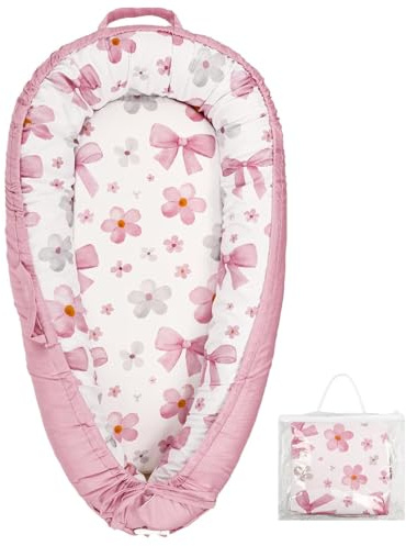 Hooyax Baby Lounger for Newborn 0-24 Months, Portable Infant Lounger with Adjustable Ties, Soft Breathable Cotton Baby Nest Lounger, Removable Washable Cover for Tummy Time & Play(Bow Flower)