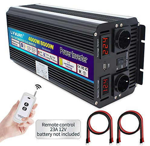 Cantonape Inversor De Corriente 4000W, Transformador De 12v 230v, con 2 Toma Enchufe + 2 Pantalla LED Y Control Remoto inalámbrico, para Coche, Caravana, Barco, Cámping