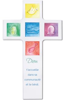 FRITZ COX Croix en bois Béni sois-tu Cadeau chrétien pour naissance, baptême, communion, confirmation (blanc, 15cm)