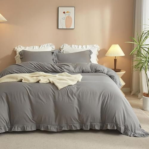 Lanqinglv Rüschen Bettwäsche 200x220cm 3 Teilig Hellgrau Grau Mädchen Mikrofaser Deckenbezug Romantisch Bettbezug Doppelbett mit Reißverschluss mit 2 Kissenbezüge 80x80cm