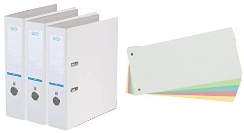 Elba Ordner A4, smart Pro, 8 cm breit, Kunststoff außen, weiss, 3 Stück & Limit Trennstreifen, aus Karton, gelocht, 180 g/m², 5 Farben, 100 Stück, ‎240 x 105 mm
