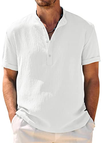 COOFANDY Mens Summer Henley Shirts Button Vacation Shirt Collarless Casual T-Shirts White