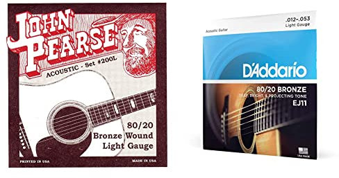 John Pearse 200 L Bronze 012/053 & D'Addario Gitarrensaiten Westerngitarre | Gitarrensaiten Akustikgitarre | Acoustic Guitar Strings | EJ11 Bronze Satz Akustikgitarren-Saiten Light 012' - 053'