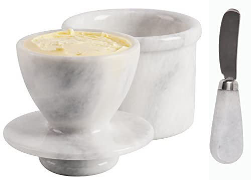 Radicaln Burriera in marmo con coltello da 10,7 cm bianco fatto a mano burro per bancone con acqua, burriera con coperchio, contenitore per burro per la conservazione del burro