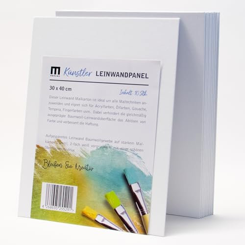 10 Stk. Künstler-Leinwand dünn zum Bemalen 30x40cm - leere, weiße Leinwandpanel auf Malkarton, Malpappe ist aus 100% Baumwolle, 2-fach weiß grundiert, 3mm stark - zum Malen für Profis, Kinder, Hobby