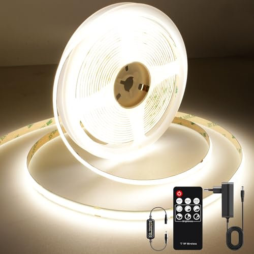 Tira LED COB 3M 320 LEDs/M CRI90 Blanca Natural 4000K Regulable con Fuente de Alimentación y Control RF 8mm Ancho Ajuste de Brillo/Temporizador No Impermeable para Hogar, Dormitorio, Cocina, Fiestas