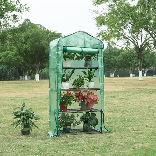 [en.casa] Serre de Jardin à Porte Enroulable Zippée Serre de Balcon avec 4 Étagères pour Plantes Fleurs Légumes Semis Tomates Acier Bâche Polyéthylène 158 x 69 x 49 cm Vert
