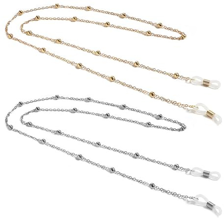 KRYMSON Juego de 2 cadenas para gafas doradas y plateadas, accesorios para gafas, cuentas, máscaras faciales, Oro, plata, Länge 70 cm