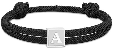 Paracord Armband Herren Surferarmband Bracelet Schwarz Segeltau Armband Herren Verstellbares Handgemacht Geflochtenes Armbänder mit Buchstaben A-Z Abschluss Geburtstag Geschenke für Männer (Silber A)