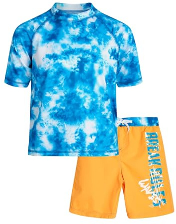 Trsenvrml Boys Swimwear Sets Kids Rash Guard Swimsuit Short Sleeve Bathing Suit Tie Dye Swim Shirts Trunks Shorts (Blue Orange, 9-10T)