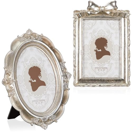 Qunclay 2 Pcs 4 x 6 Inches Vintage Picture Frames Antique Baroque Ornate Resin Rectangle Oval Photo Frames with Glass Front Tabletop and Wall Decor for Home Wedding Christmas Party Decor(Silver)