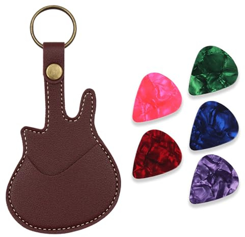 Beatyarmy 5 Picks Leather Guitar Picks Holder, Guitar Shape Plectrum Case Bag, Keyring, Guitar Accessories（Pick color random）