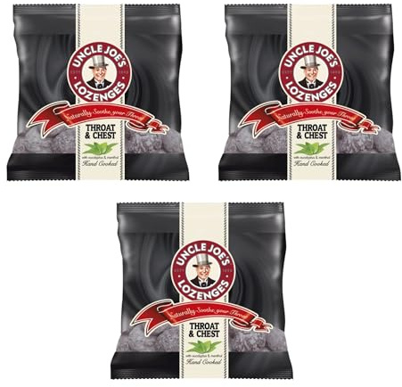 Throat & Chest Lozenges (3-Pack) – Soothing Menthol Relief for Sore Throat, Cough, and Congestion – Vegan & Gluten-Free – Convenient 70g Bag.