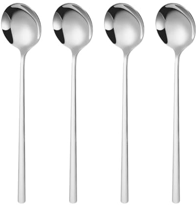 FSSTUD Lot de 4 cuillères à soupe de riz en acier inoxydable de style coréen - Long manche - Ustensiles à dessert - Passe au lave-vaisselle - Pour la maison et le restaurant