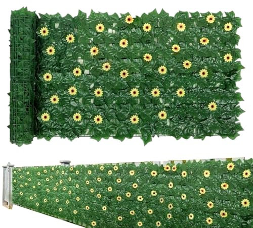 Valla de protección visual de hiedra artificial, panel extensible de hierba artificial, 1 x 3 m, seto artificial con 96 girasoles y paneles de hierba como cubierta de valla de jardín para perros