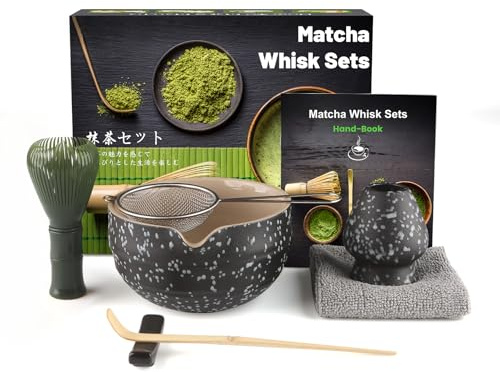 Anei 7 Pcs Matcha Set,Matcha Tea for Making Breakfast/Latte,Whisk Set and Bowl with All Accessories,Gift for Lover，Black spotted bowl, PP Resin Stirrer Green