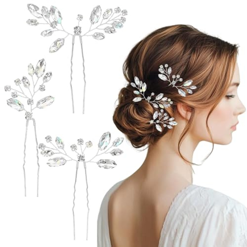 3 accessori per capelli da sposa per donna, forcine per capelli da sposa con strass di cristallo, accessori per capelli da damigella d'onore con fiori per spose, damigelle e ospiti (argento)