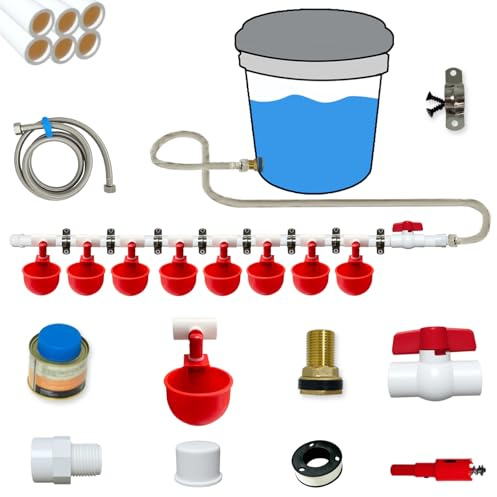 Sistema di irrigazione automatico per polli con tubo in PVC da 1/2 e tazze per abbeveratoio per polli, tubo in acciaio inossidabile, kit di mangiatoia per pollo a prova di perdite e facile da montare