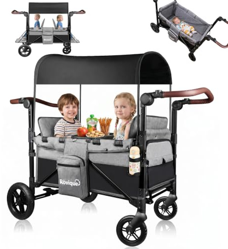 Rovique Carrello pieghevole con 2 posti, per 2 bambini, con tettuccio, passeggino a mano, con cintura a 5 punti, spuntino, tettuccio parasole, ruote in poliuretano per fuoristrada, grigio