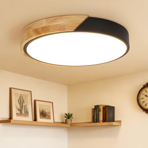 Kimjo 30cm Luminaire Plafonnier LED Lampe Plafond, 24W Moderne Plafonnier Salon en Bois Noir, 3000K, 2400LM Lampe de Plafond Ronde pour Bureaux, Salons, Chambres, Cuisines, Couloirs
