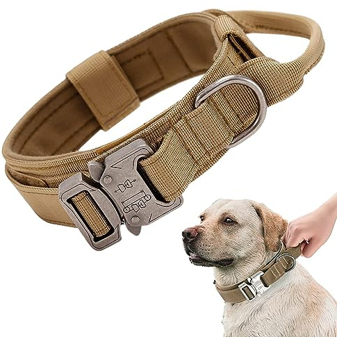 Wohlstand Taktisches Hundehalsband, Verstellbares Halsband Mit Kontrollgriff, Gepolstert Hund HalsbandBreit, Metallschnalle Nylon Hundehalsband für Mittlere Große Hunde Training Jagd (M, Khaki)
