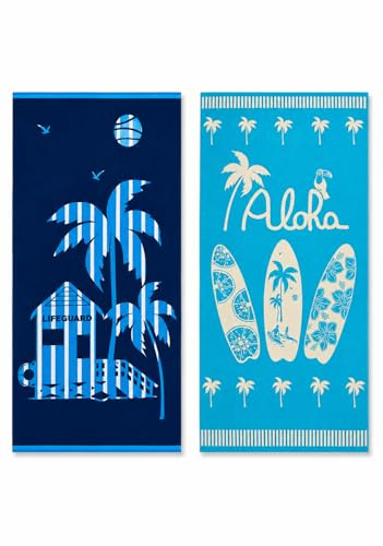 Large Egyptian Luxury Beach Towels For Adults 100% Cotton - Pack of 2 | 90x170cm, 630g Each | Soft Thick Velour Front, Quick Dry Terry Back | Sand Free, Highly Absorbent | 100% Organic Cotton