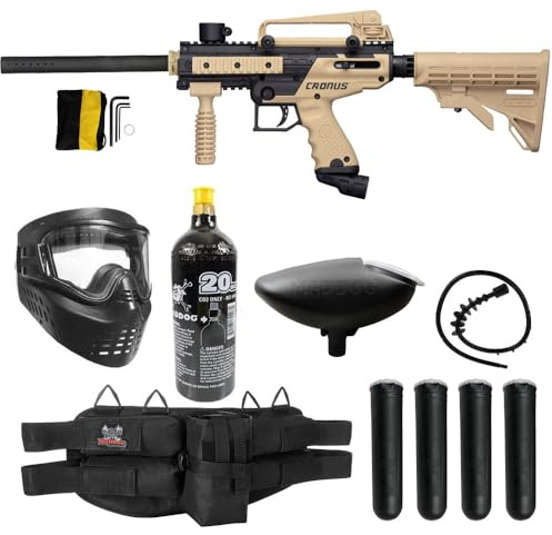 Maddog Tippmann Cronus Tactical Paintball Gun Marker and Silver CO2 Accessory Starter Package | Comes with Marker, Anti-Fog Mask, Hopper, Harness, Pods, & 20oz CO2 Tank - Black/Tan