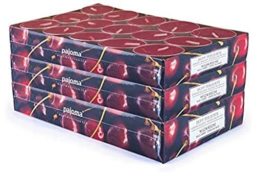 pajoma® Teelichte 3er Pack, Wildkirsche | 90 Duft-Teelichte in Aluminiumhülle, Brenndauer ca. 4 Stunden - Höhe 1,5 cm ø 3,5 cm | Premium Qualität | Deko, Gastronomie, Outdoor, Windgläser, Hochzeit
