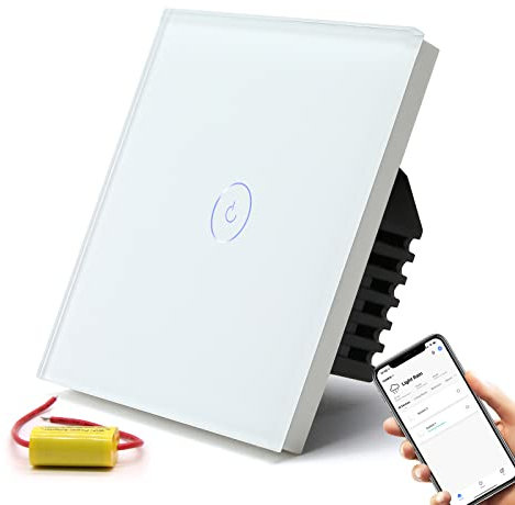 BSEED Smart Lichtschalter,1 WLAN Lichtschalter arbeitet mit Alexa und Google Home,Glas Touchscreen Schalter mit Smart Life APP Steuerung und Timing-Funktion Weiß(NO neutraler Draht)